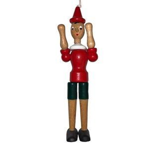 VINTAGE!  C2 RAINOLDI ITALIAN WOOD ORNAMENT- PINOCCHIO TAG TOY - JOINTED- 6 INCH